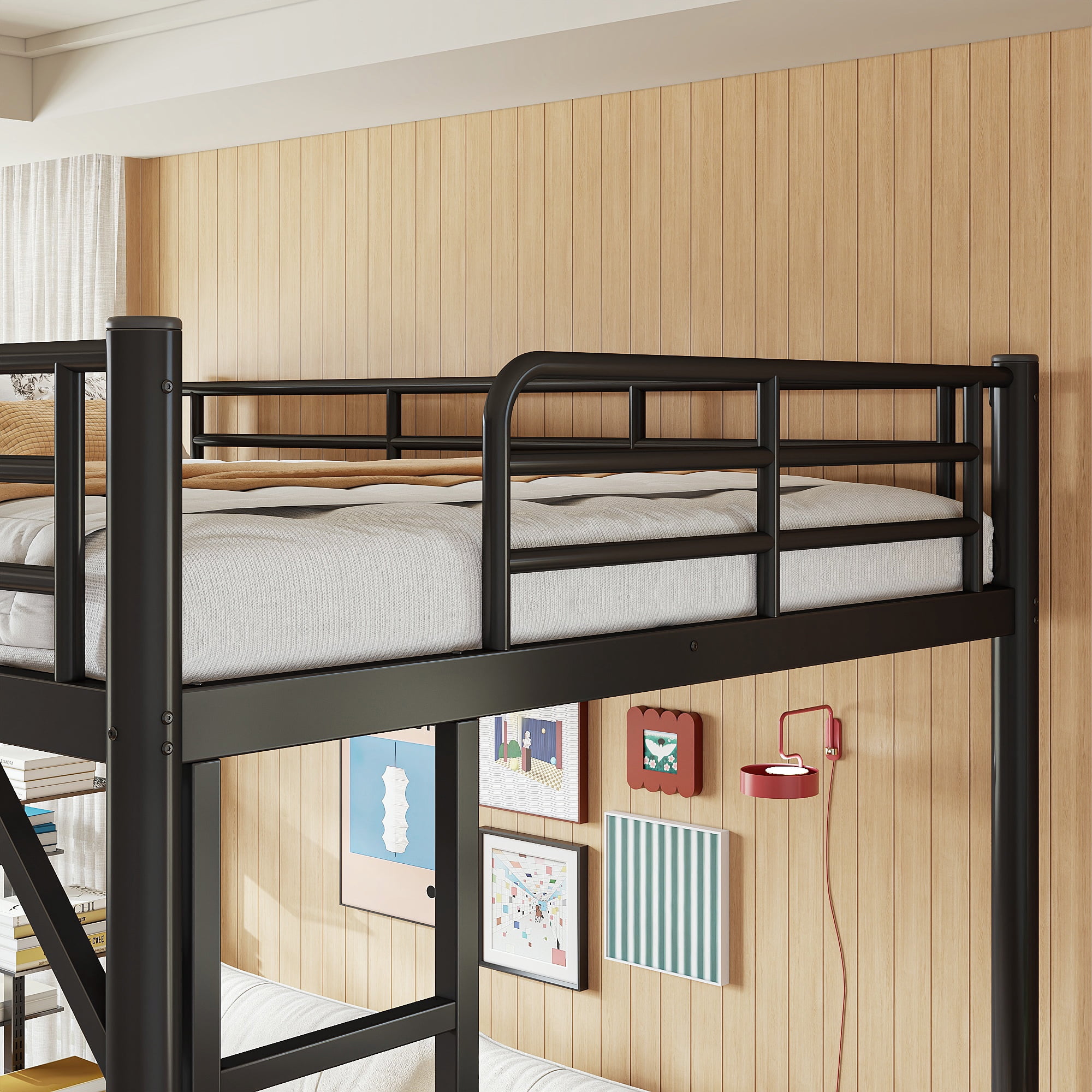 Leumius Full Size Metal Loft Bed,Heavy Duty Metal Bed Frame with 2 Ladders and Full-Length Guardrail,Sturdy Steel Slats Support,