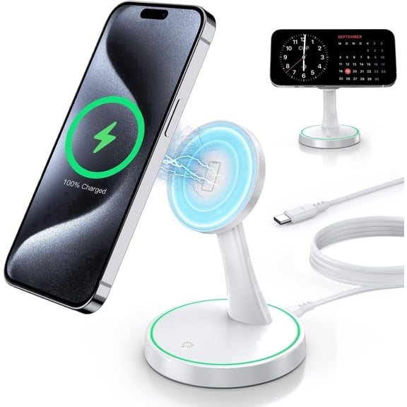 15W Magnetic Wireless Charger Stand Compatible with iPhone 17/17 Pro/17 Air/17 Pro Max, 16/15/14/13/12 Series and AirPods, Sleep-Friendly LED