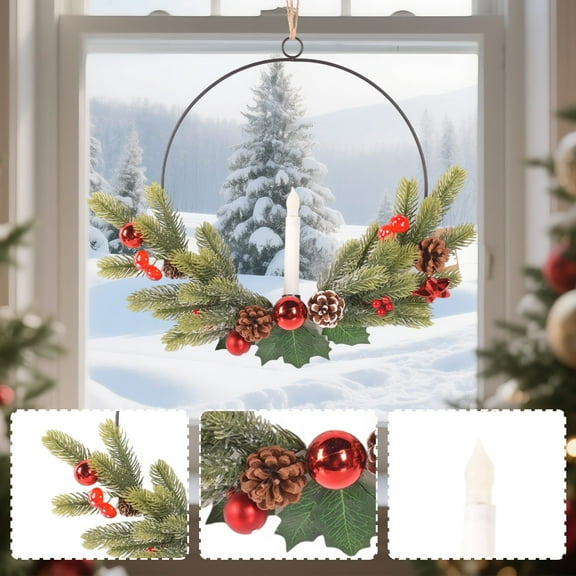 16" Christmas Wreaths for Front Door with LED Taper Candles, 16-inch Window Wreath Christmas with Light & Remote, Battery Operated Outdoor Winter Ornaments Christmas Decorations