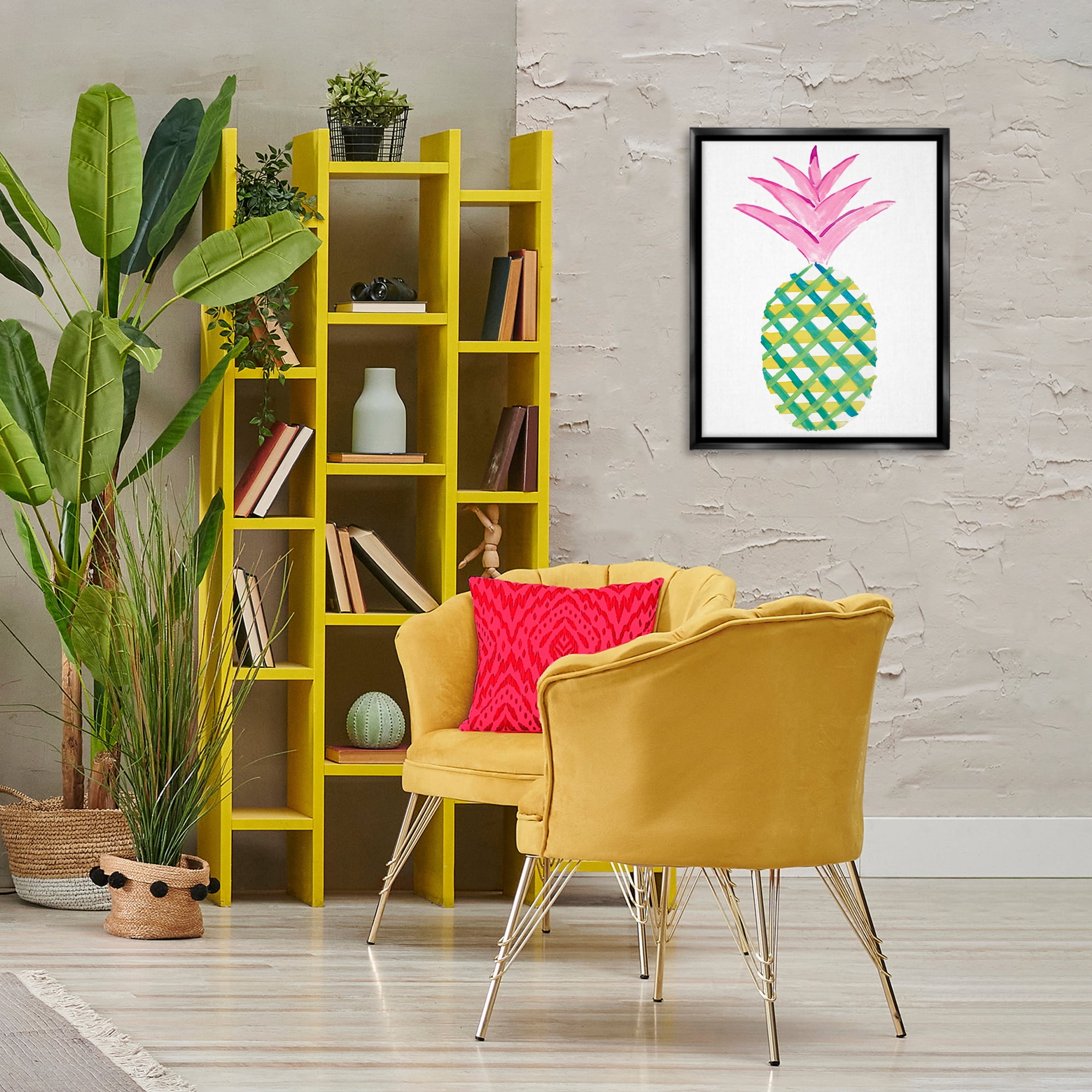 Stupell Industries Tropical Plaid Pineapple Food & Beverage Painting Black Floater Framed Canvas Art Print Wall Art, 17 x 21