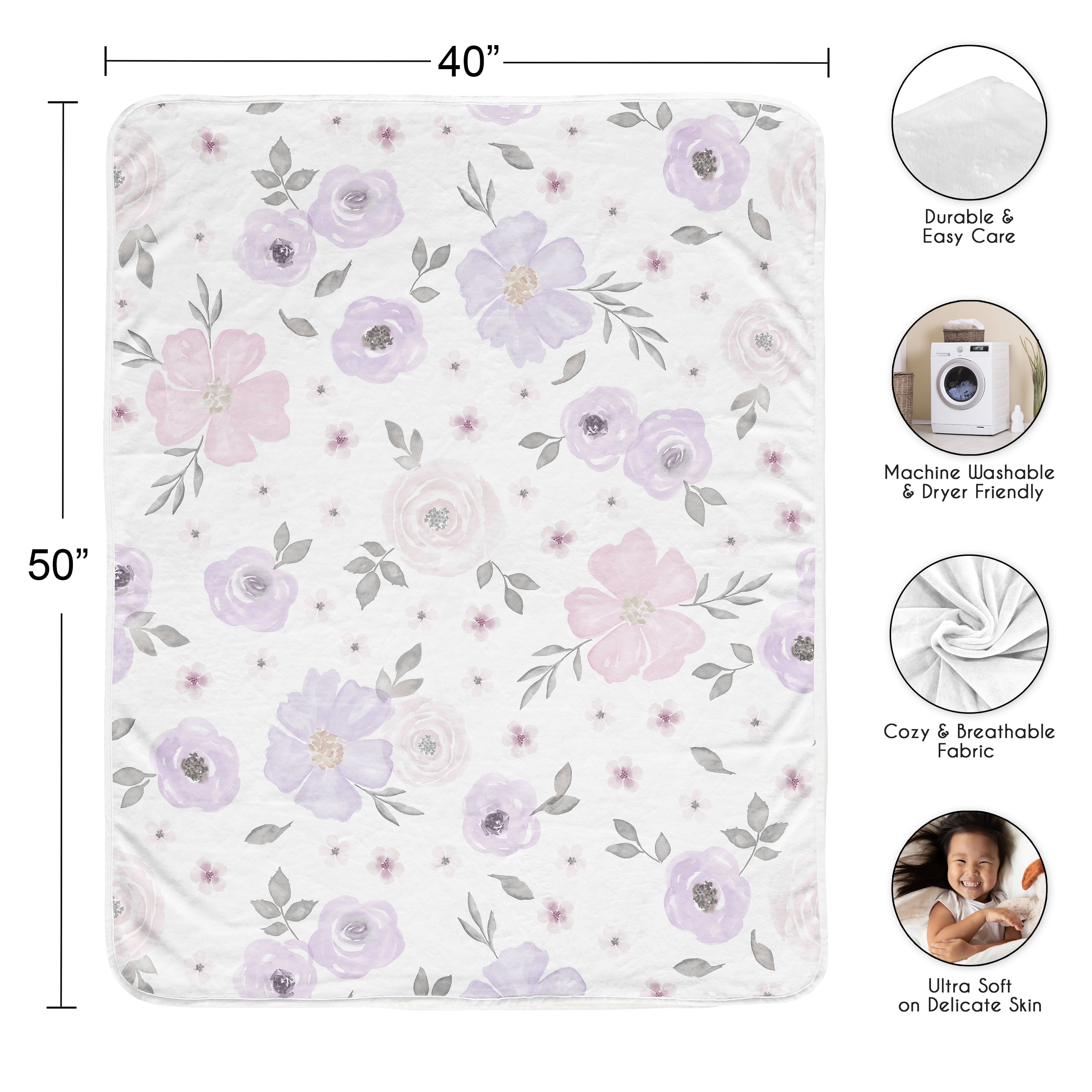 Sweet Jojo Designs Watercolor Floral Lavender and Grey Girl Toddler Blanket Baby Swaddle