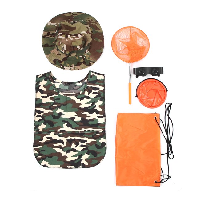 Kit de aventura para niños al aire libre, 6 uds., sombrero, chaqueta, bolsa de red, cubo plegable, bolsa de almacenamiento para gafas, juegos de pesca