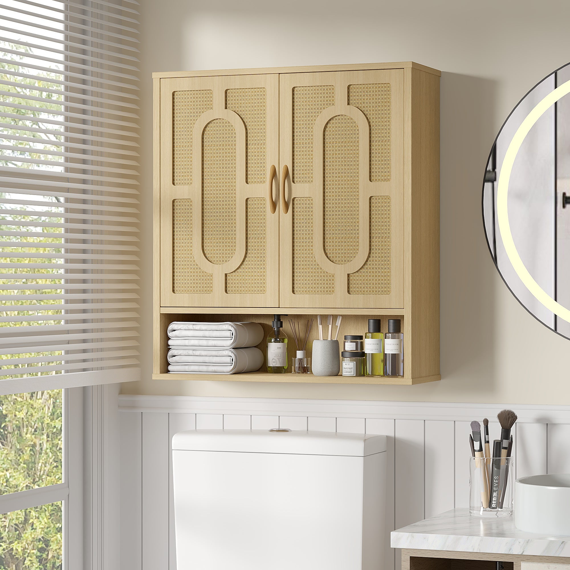 VECELO Wall Storage Cabinet, Medicine Cabinet with Adjustable Wood Shelf & Double Doors, Over The Toilet Storage Cabinet for Bathroom, Kitchen, Natural