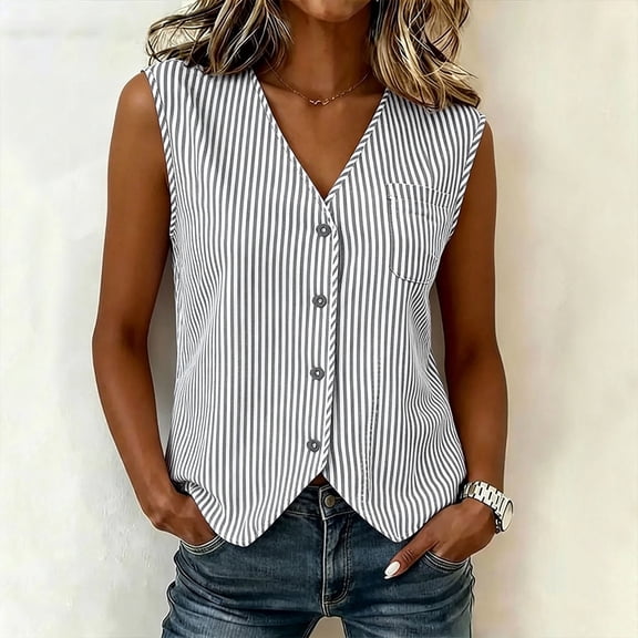 Karymi Womens Tops Dressy Casual Vertical Striped V Neck Button Down Sleeveless Vest with Chest Pocket, Irregular Hem Loose Fit Casual Blouse Top Womens Tops Dressy Casual