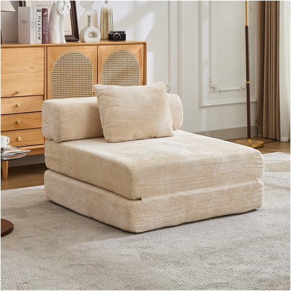JERFIT Convertible Floor Sofa Bed, No Assembly Chenille Sofa with Memory Foam, Foldable Single Seater Sectional Couch for Living Room, Bedroom, Office, Beige