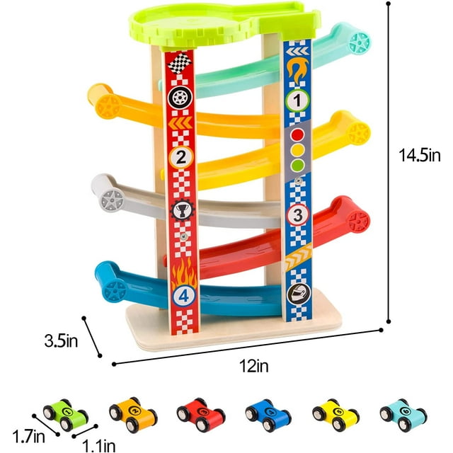 Pista de carreras de madera de juguete Ramp Racer para niños pequeños con 6 coches de 1 a 3 años