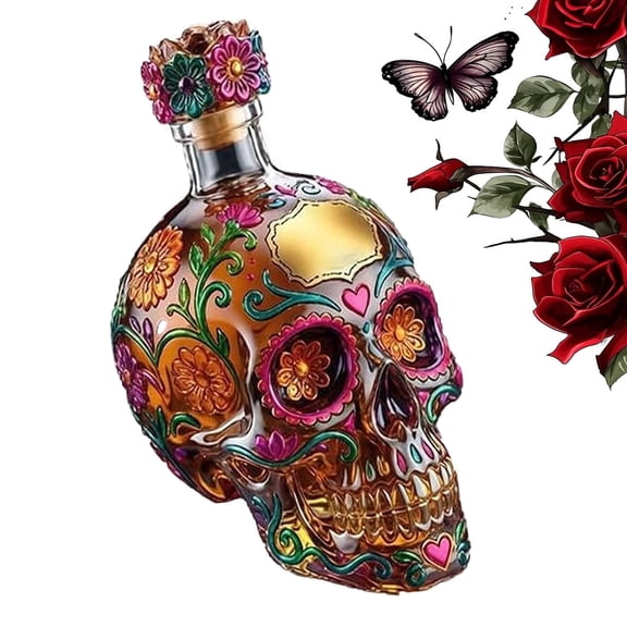 Gothic Skull Decanter Bottle, Day of the Dead Skull Bottle, Decorative Liquor Decanter for Bar Decor, Empty Spirit Decanter for Whiskey Tequila Vodka