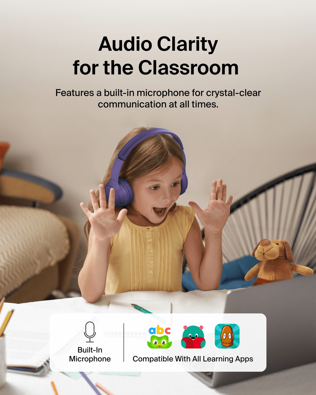 Belkin SoundForm Mini Kids Wireless Headphones w/Built-in Microphone, 30H of Playback Time, Fun Stickers, & Case - Over-Ear Headsets for Online Learning, School, iPhone, iPad, Galaxy, & More - White