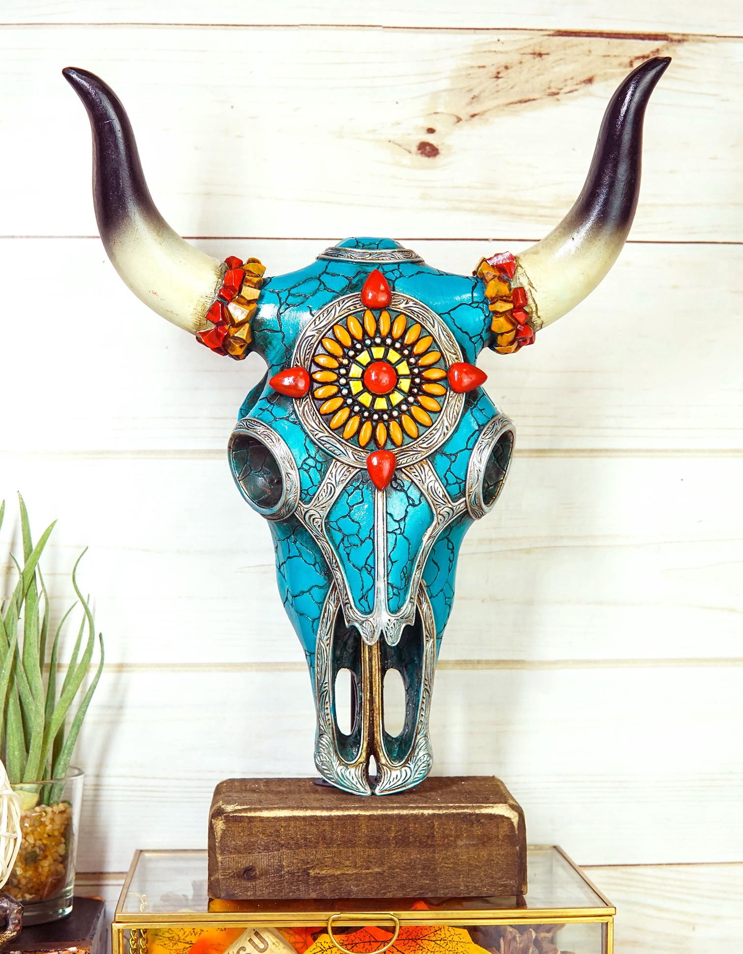 Rustic Western Aztec Mosaic Turquoise Cow Steer Bull Skull Desktop