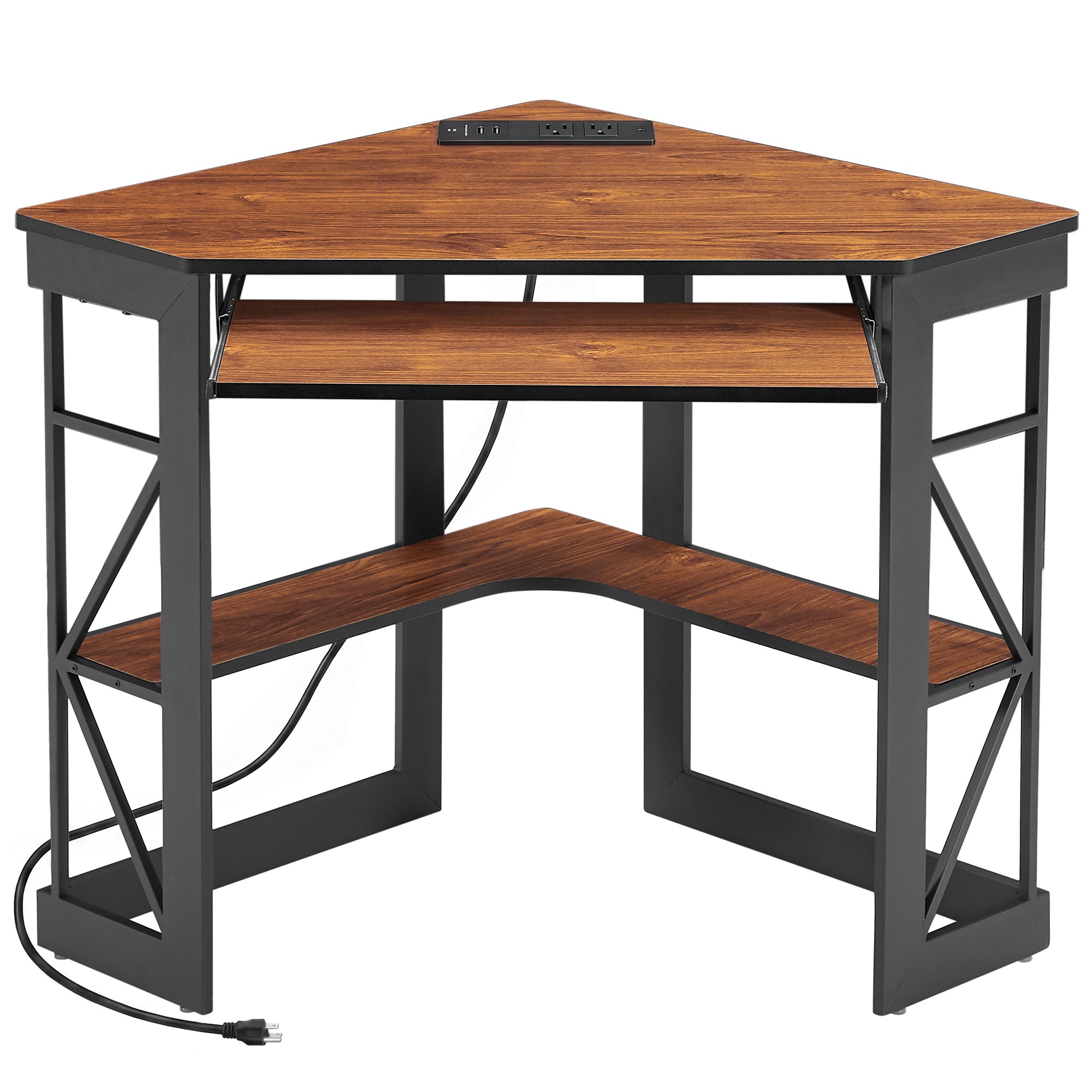 VECELO Corner Computer Desk with Charging Station, Dark Brown photo 1