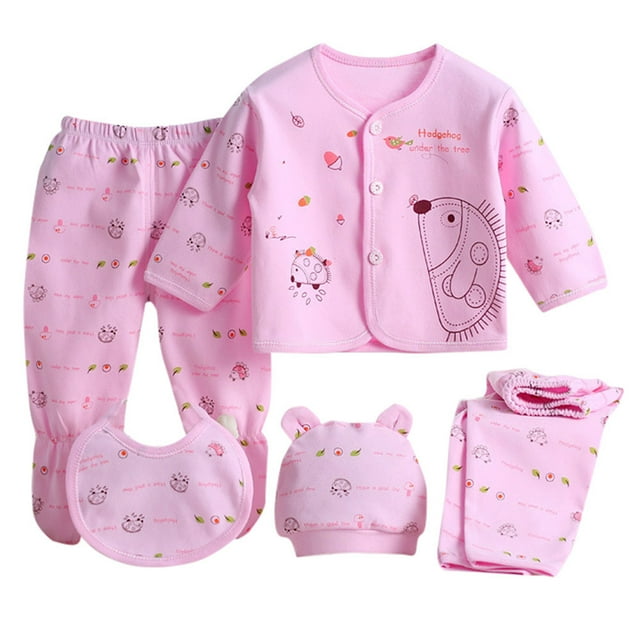 Baby Girl Newborn Outfit 5PCS Newborn Baby Boy Girl Long Sleeve Tops+Hat+Pants +Bib Outfit Set