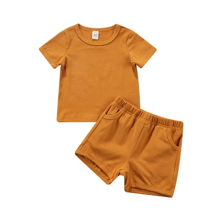 

Fullvigor Toddler Girl Boy Short Sleeve T-shirt Tops Solid Color Shorts with Pocket