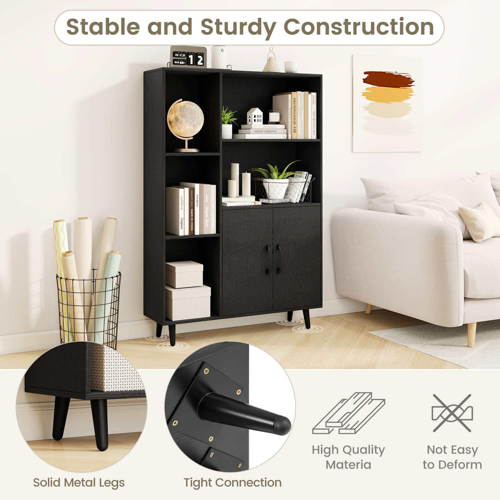 Costway Free Standing Storage Cabinet with 5 Open Shelves Double Door Cabinet Metal Legs Black