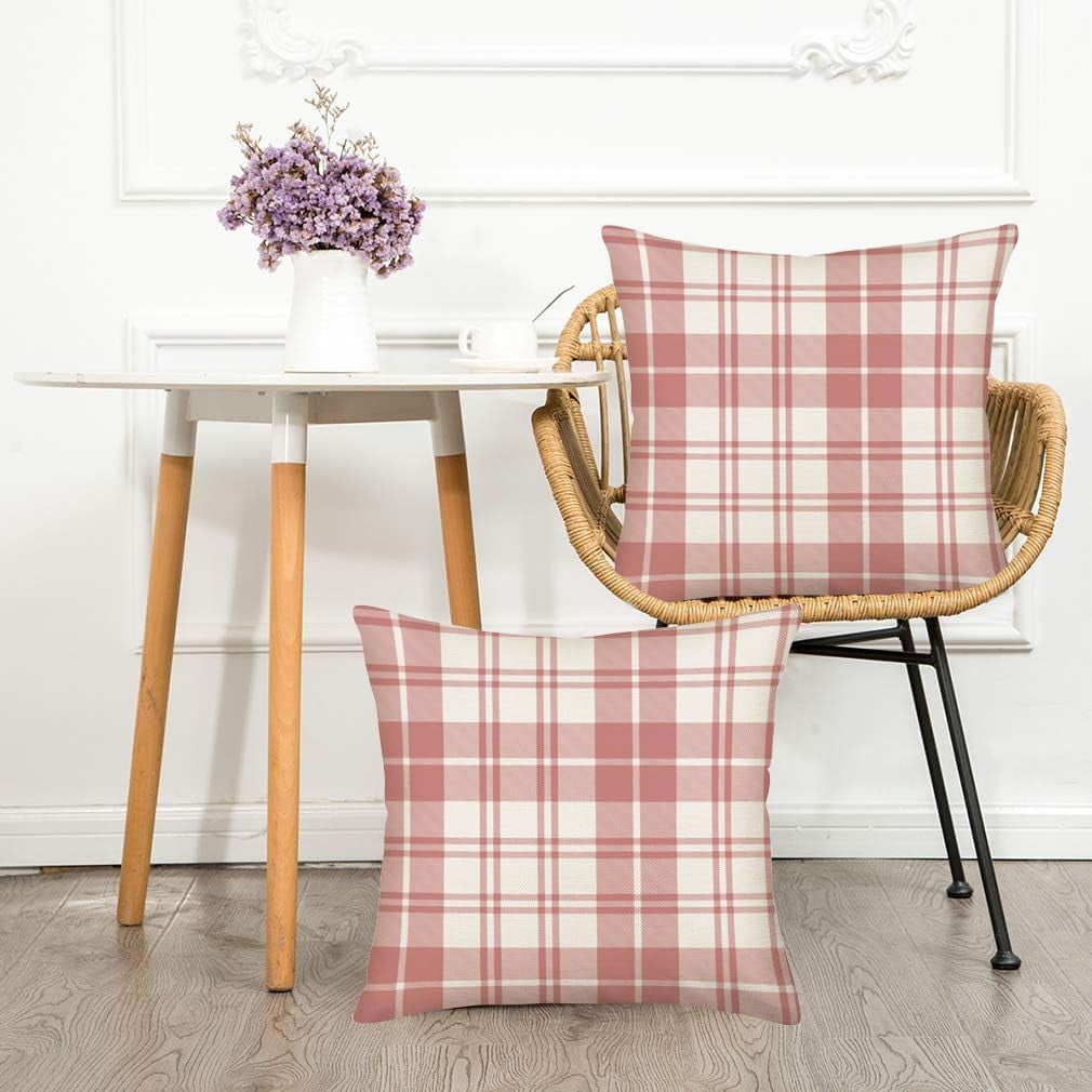 Set of 4 Pink and White Buffalo Plaid Pillow Covers 20x20 Inch Outdoor Valentine''s Day Check Throw Pillow Cover Farmhouse Decorations Pillow Cases Cotton Linen for Sofa Couch Home Decor