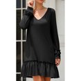 thumbnail image 2 of Vestido con cuello en V Color puro Manga larga Volantes Suelto Vestido casual de mujer para vacaciones Club Fecha Trabajo Vacaciones Negro XL, 2 of 6