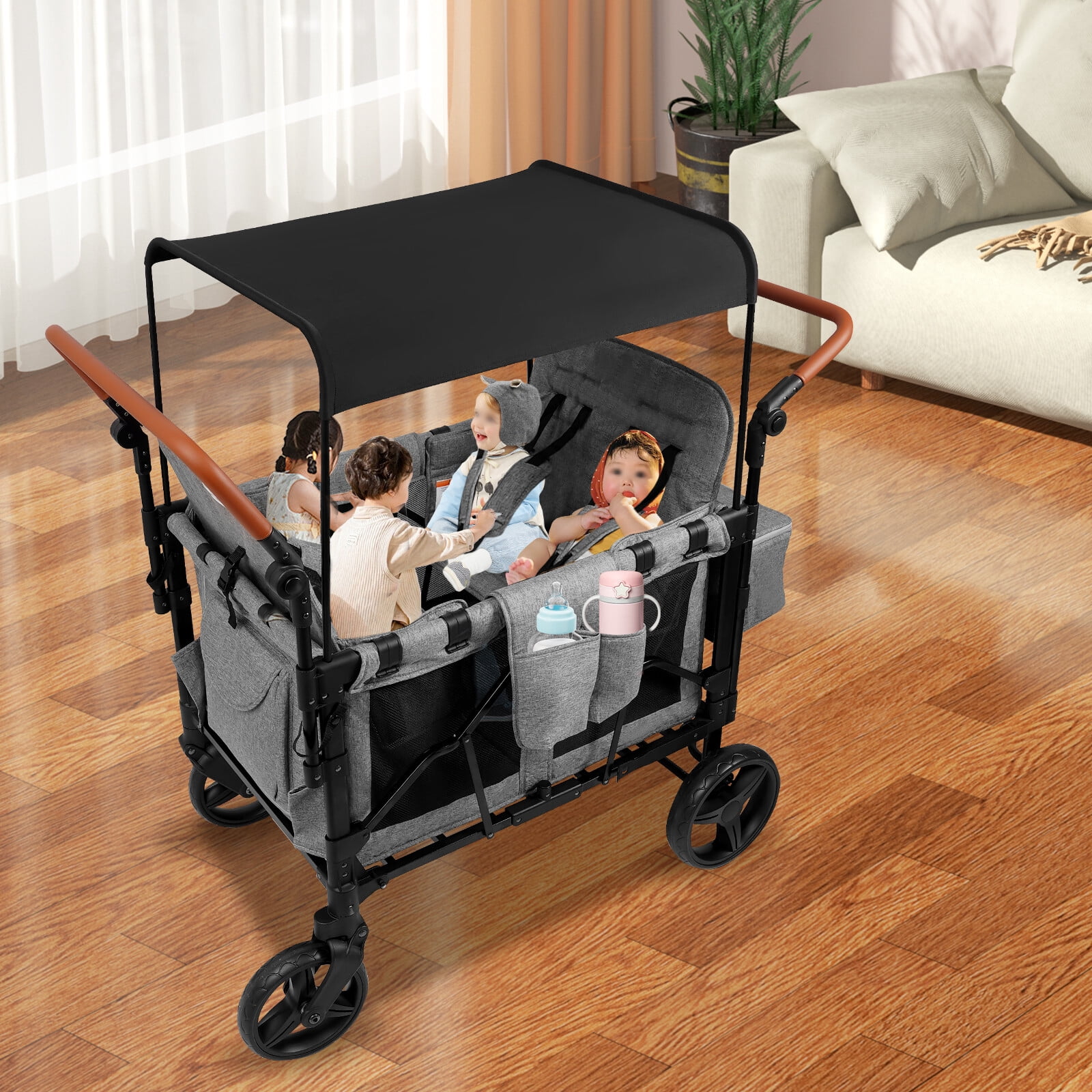 4-Seater Wagon, High Landscape Baby Stroller Wagon with Removable Canopy, All Terrain Foldable Wagon with 5-Point Harness for Beach Garden Camping, Gray