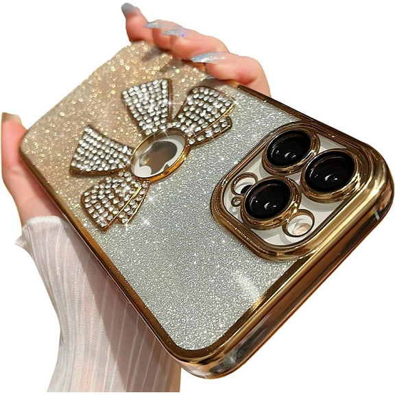 Compatible with iPhone 14 Pro Max Glitter Case,Luxury Cute Bowknot Sparkle Shine Diamond Design with Bling Plating Logo View,Aesthetic Shockproof Bumper Cover for Women Girls-Gold