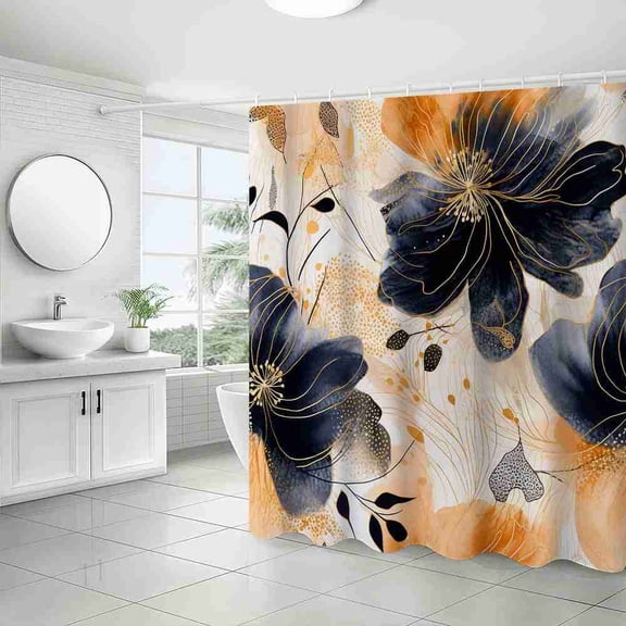 70x70 inch Navy Orange and Gold Abstract Floral Shower Curtain, Waterproof Polyester Fabric with Hooks for Bathroom Decor