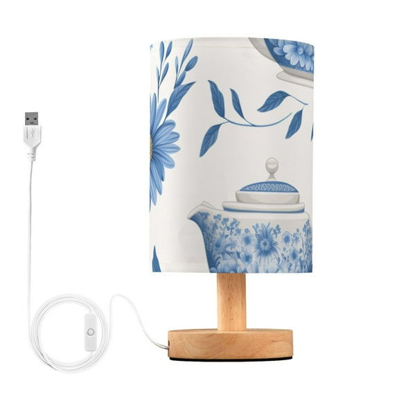 Teapot and Flowers Bedside Table Lamp LED Warm Lights with USB Charging Port Retro Cylinder Desk Lamps