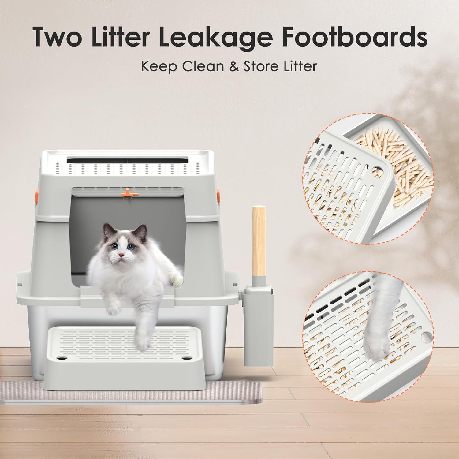 Stainless Steel Cat Litter Box,XL Enclosed Cat Litter Box with Poop Scooper/Footboard/Mat (Light Gray)