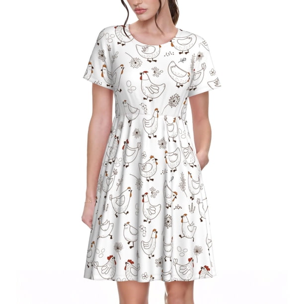 Disketp Funny Chicken para Vestido de Manga Corta para Mujeres, Vestidos de Verano para Mujeres, Casual y Holgado para la Playa