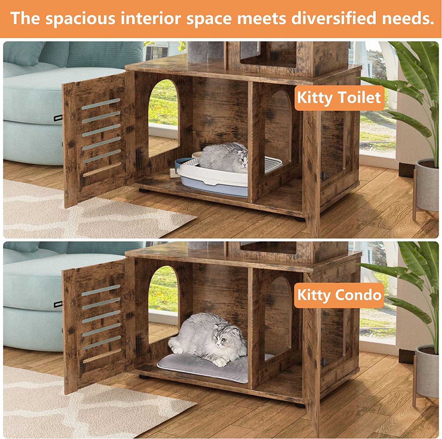 Cvortll Cat Litter Box Enclosure,Hidden Kitty Washroom,Multifuctional Enlarged Cat Litter Cabinet Cat House with Cat Tree Tower Scratching Post,Removable Divider,Rustic Brown