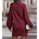 thumbnail image 4 of Vestido suéter ajustado Manga larga linterna Cuello alto Color puro Mini vestido suéter acanalado para mujer Rojo vino S, 4 of 6
