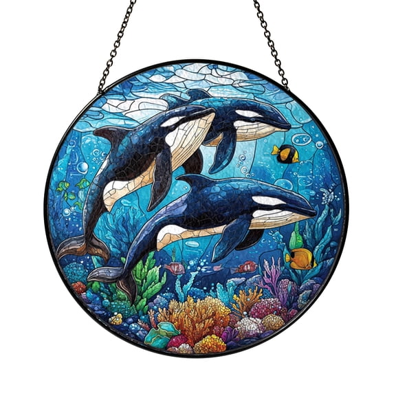 Orca Stained Glass Suncatcher, Marine Animal Wall Art, Gift for Beach or Sea Lovers