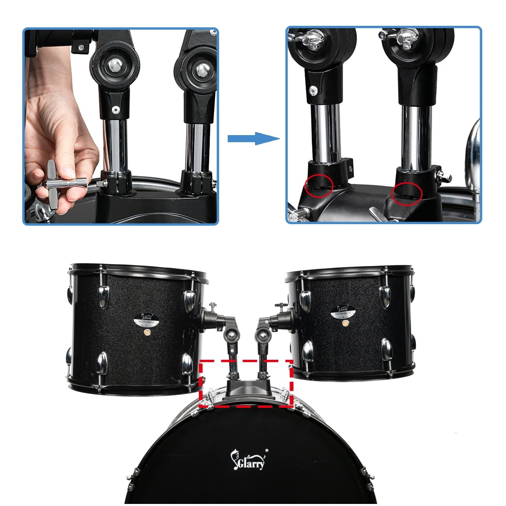 Full Size Adult Drum Set 5-Piece Black with Bass Drum, two Tom Drum, Snare Drum, Floor Tom, 16" Ride Cymbal, 14" Hi-hat Cymbals, Stool, Drum Pedal, Sticks