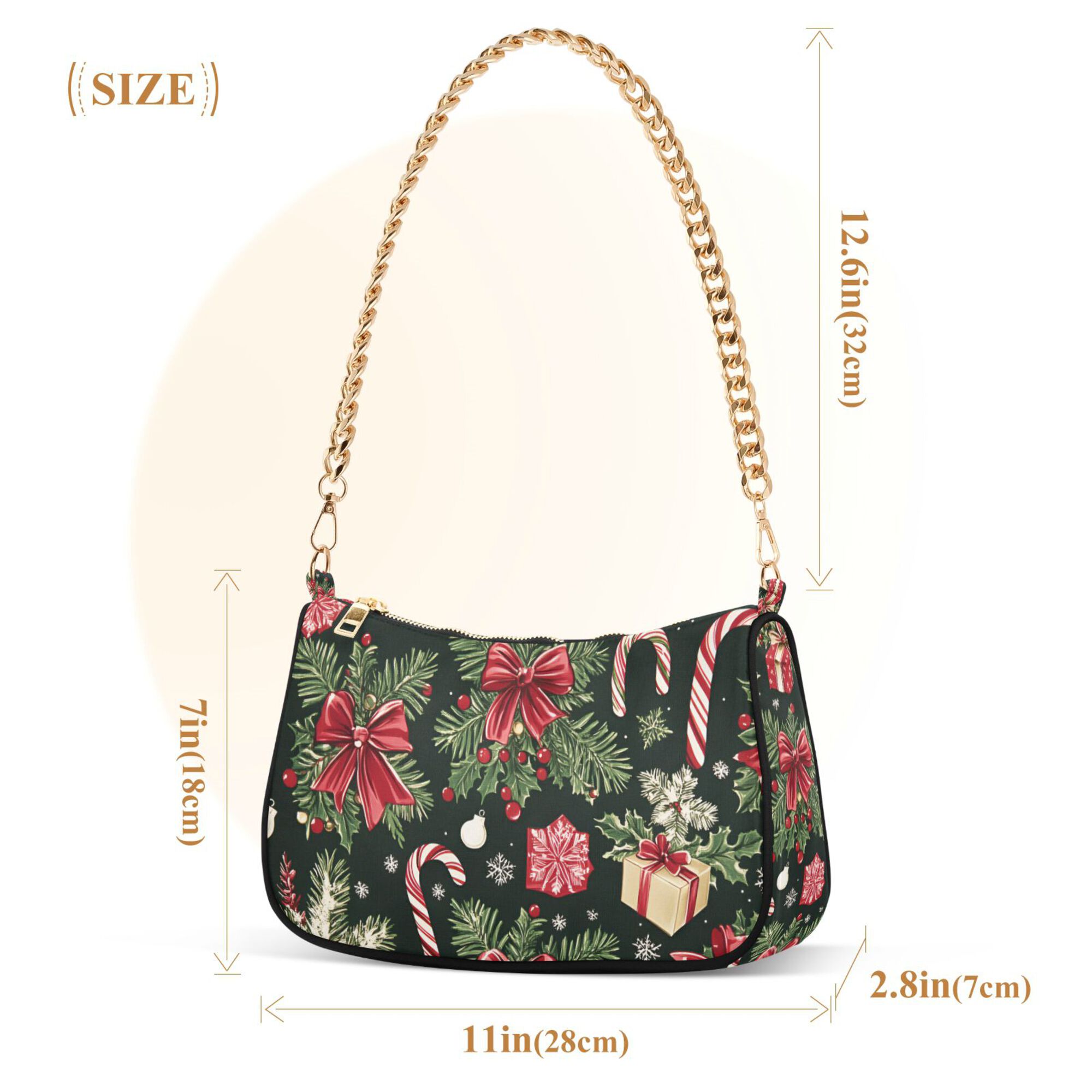 FORMRS Womens Shoulder Bag with Chain Strap Clutch Purse Cute Tote Handbag, Black Christmas Holly