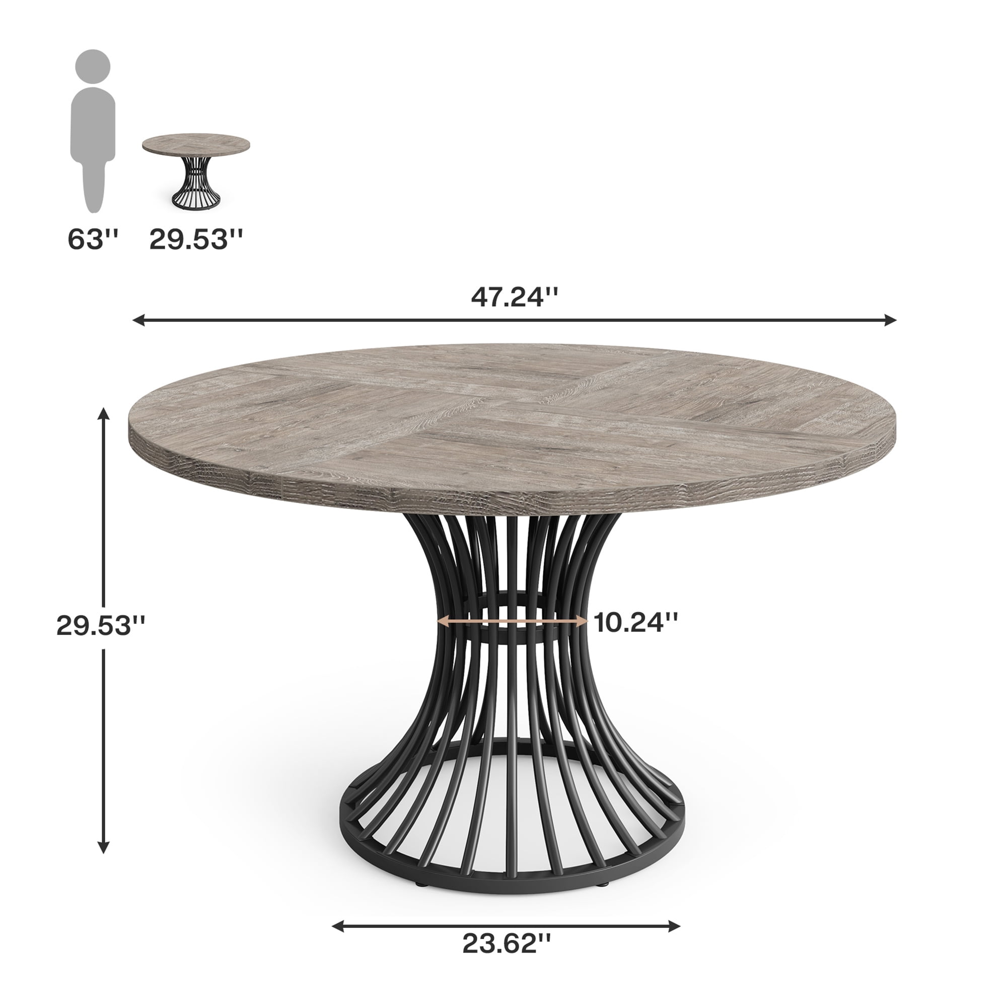 MAYEERTY 47 Inch Round Farmhouse Dining Table, Hourglass Shaped Metal Base Kitchen Dinner Table for 4 to 6 People