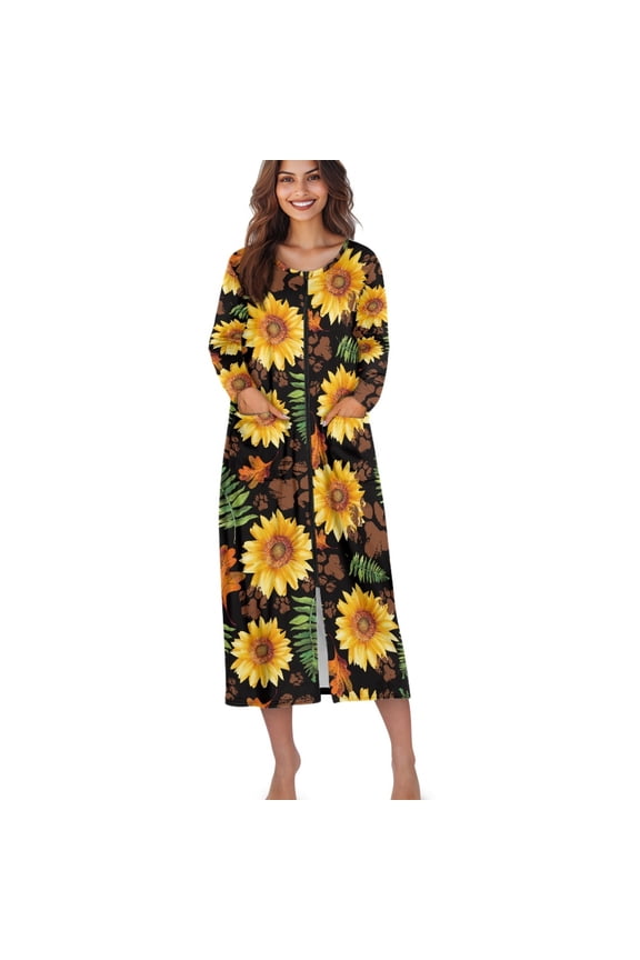 Sunflower Dog Paw Maple Leaves Print Robes for Women Long Zipper Bathrobes Lightweight House Coat Soft Sleepwear with Pockets Crew Neck Loungewear, Size 4XL