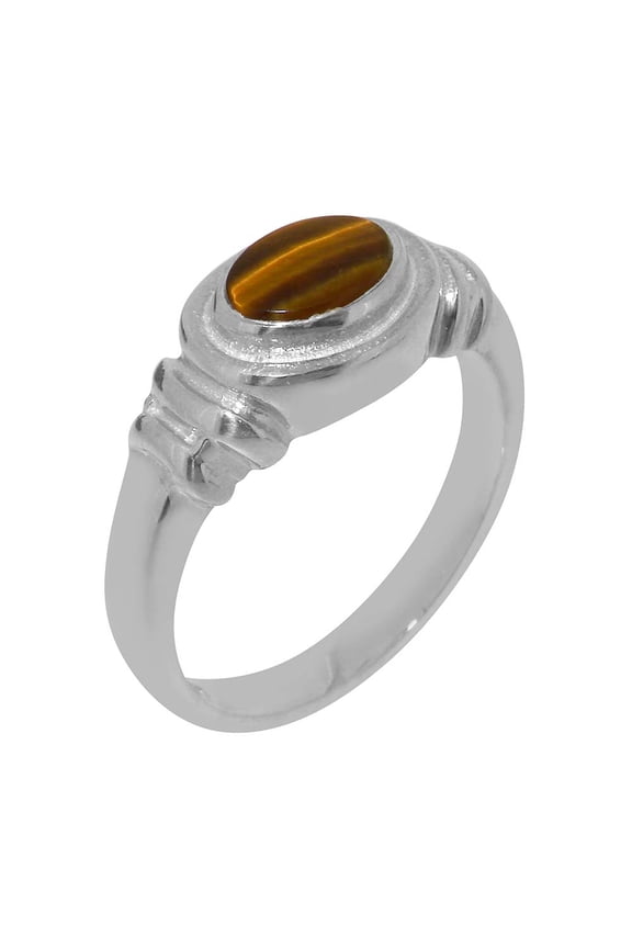 LBG British Made 14k White Gold Natural Tigers Eye Unisex Engagement Ring - 33 size options - Size 10