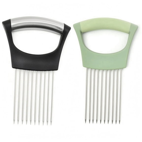 2 Pack Onion Holder for Slicing, Stainless Steel Vegetable Cutter Guide with Comfort Grip Handle for Onions, Tomatoes, Lemons and Potatoes