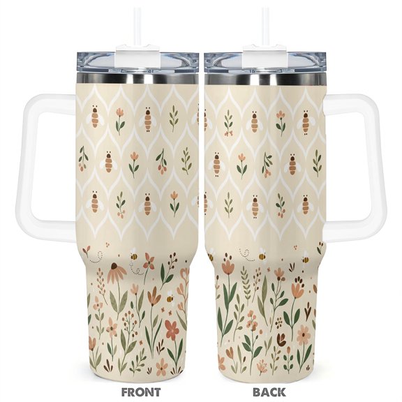 40oz Bee and Wildflower Car Tumbler Insulated Travel Coffee Cup with Handle and Straw Spring Garden Gift for Women