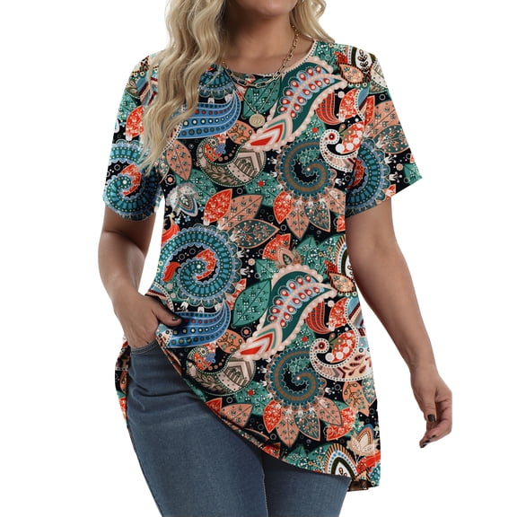 Fantaslook Plus Size Womens Tunic Tops Short Sleeve Casual Floral Shirts Swing Flare Dressy Blouses
