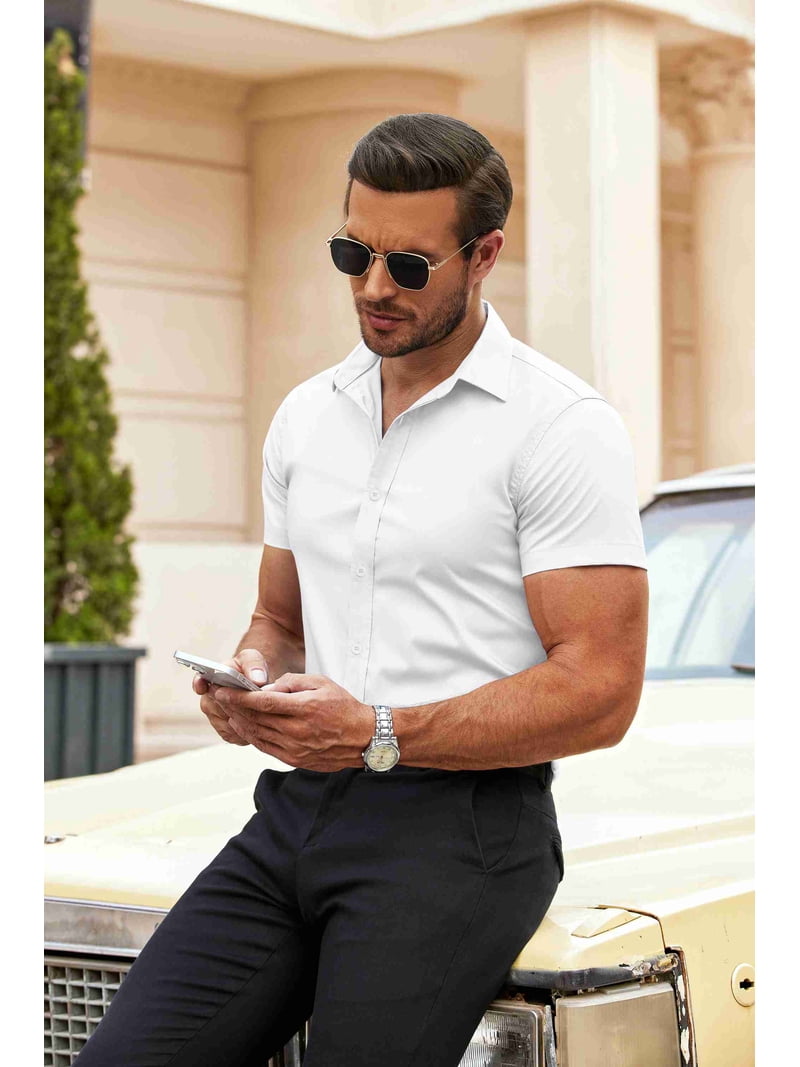 mens no iron dress shirts Mandarin Collar Shirt Long Sleeve Stretch Button Down Shirt barrel cuffs Lands' End Men's Traditional Fit