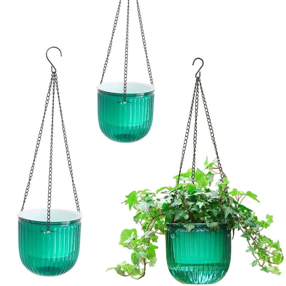 3Pcs Indoor Hanging Flower Pots,Visible Water Level Basket for Gardening,Green Plastic Hanging Planters for Outdoor,Indoor,Garden Plants
