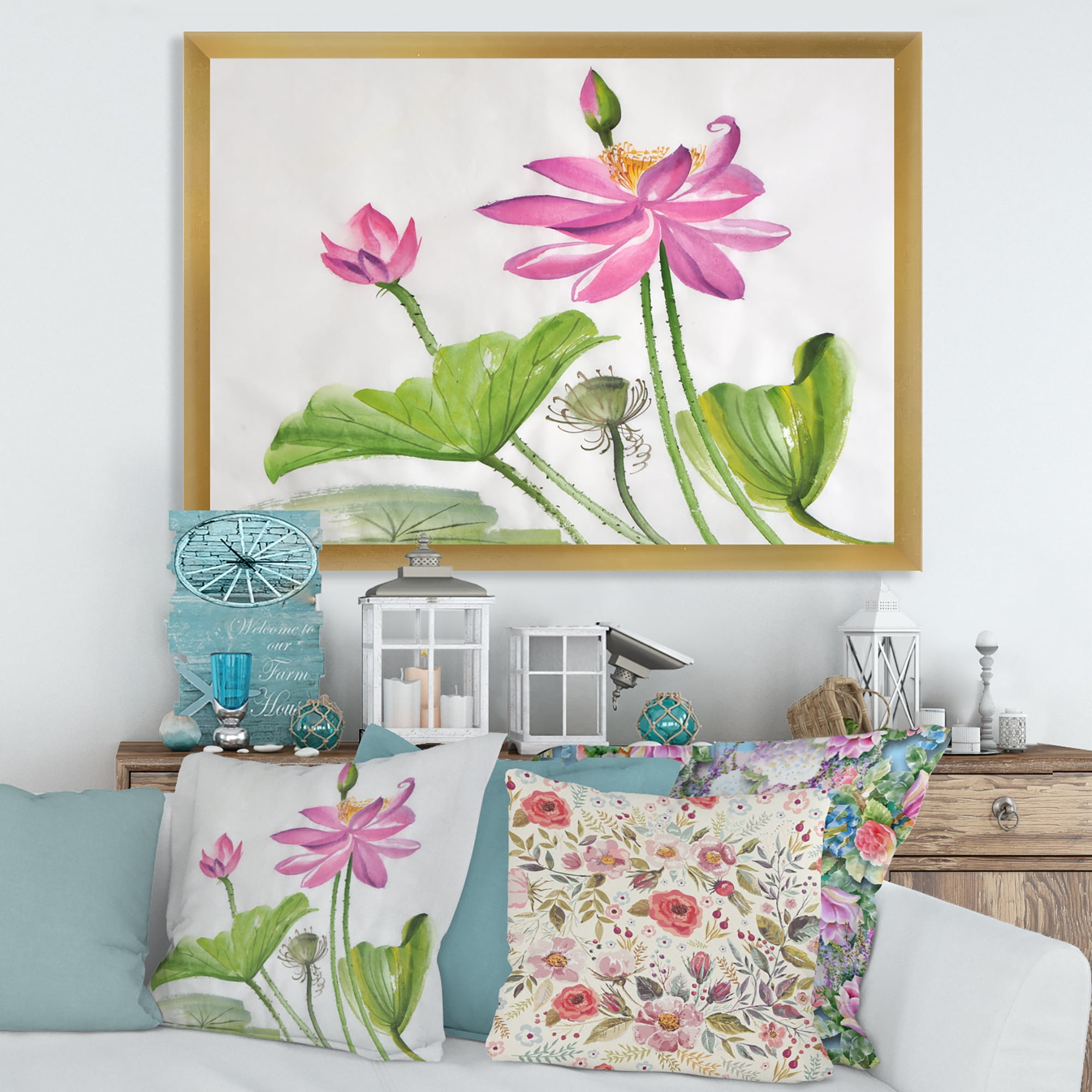 Designart 'Two Pink Lotus Flowers With Green Leaves' Traditional Framed Art Print
