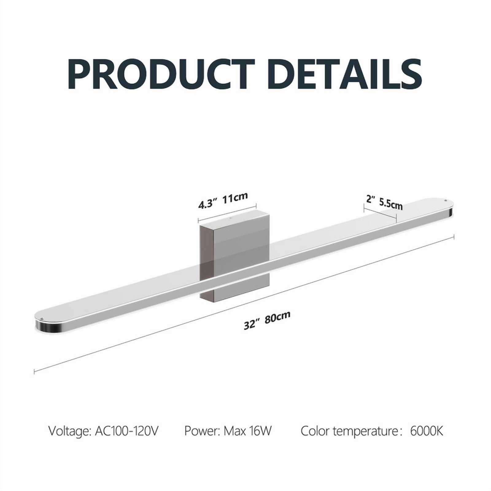 TICOZE 32-inch Chrome LED Vanity Light Bar - Dimmable 16W Bathroom Light Fixture, Waterproof Over Mirror Lighting for Large Walls (31.5"L, 6000K Daylight)