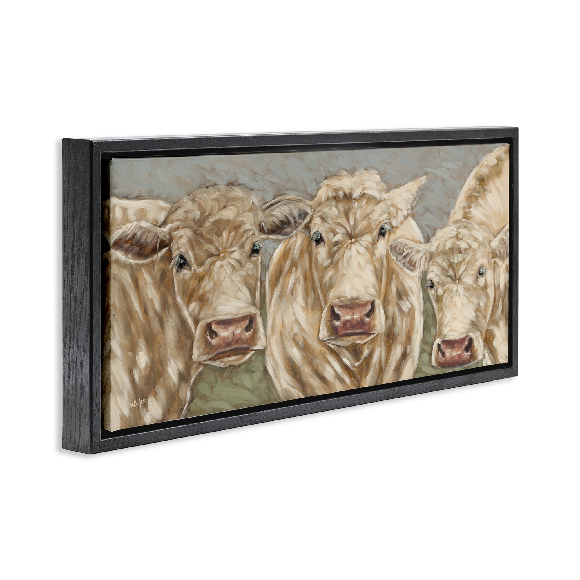 Stupell Industries Beige Cow Trio Animals & Insects Painting Black Floater Framed Canvas Art Print Wall Art, 31 x 14