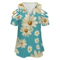 thumbnail image 4 of Blue Dasiy Pattern Womens Summer V Neck Zipper Top Short Sleeve T Shirt Off Shoulder Top Casual Classy Loose Shirts, 4 of 7