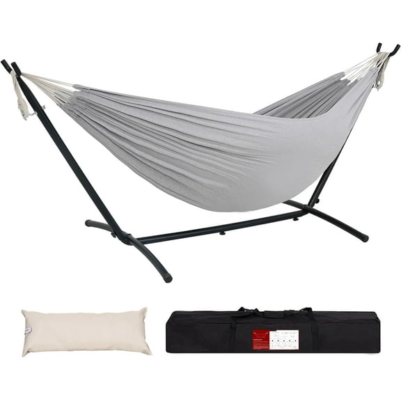 VibrantEcho Hammocks Double Hammock with 9ft Space-Saving Steel Stand Includes Portable Carrying Case, 450 Pounds Capacity (Light Gray)
