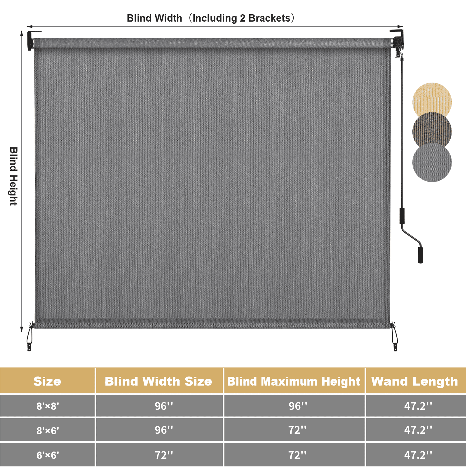 TLGREEN Outdoor Roller Sun Shade 8' x 8', HDPE Shade Cloth, Aluminum Tube (Gray)