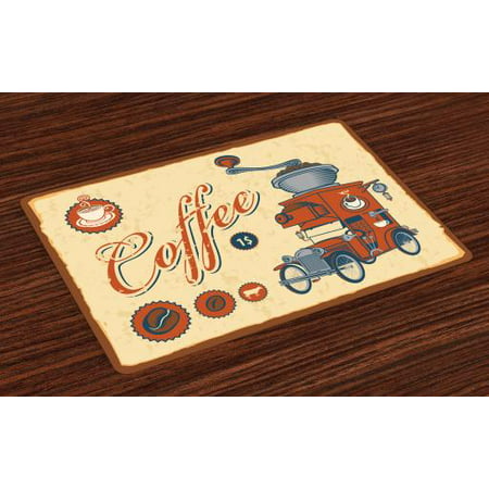 Retro Placemats Set of 4 Artsy Commercial Design of Vintage Truck with Coffee Grinder Old Fashioned, Washable Fabric Place Mats for Dining Room Kitchen Table Decor,Cream Orange Grey, by