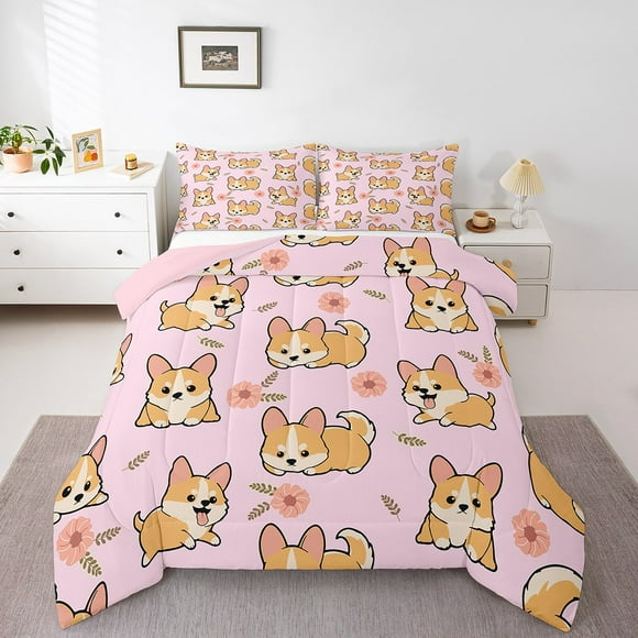 Erosebridal Floral Corgi Comforter Sets Queen Size,Animal Dog Bedding Queen Comforter Set,Pink Flower Bedding Sets Queen with Comforter,Breathable Cartoon Bedroom Decorative,Reversible,3 Pieces