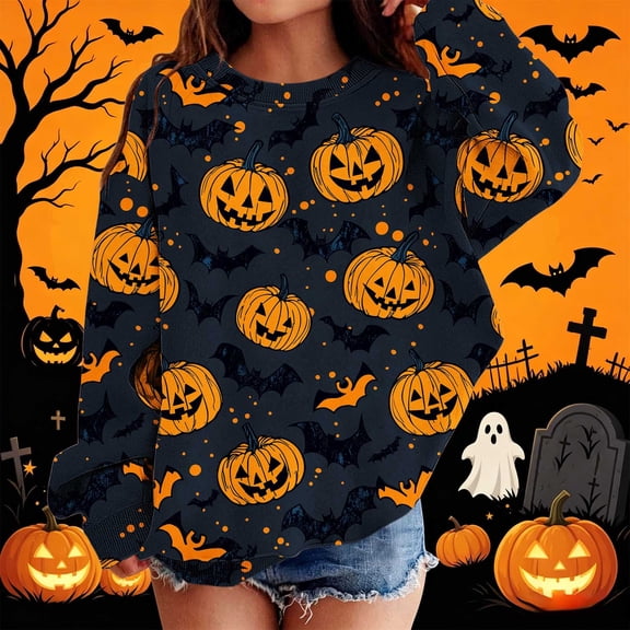 FAIOROI Kids Girls' Hall-oween Pumpkin Bat Print Long Sleeve Crewneck Sweatshirt Multicolor,Size 6-7 T