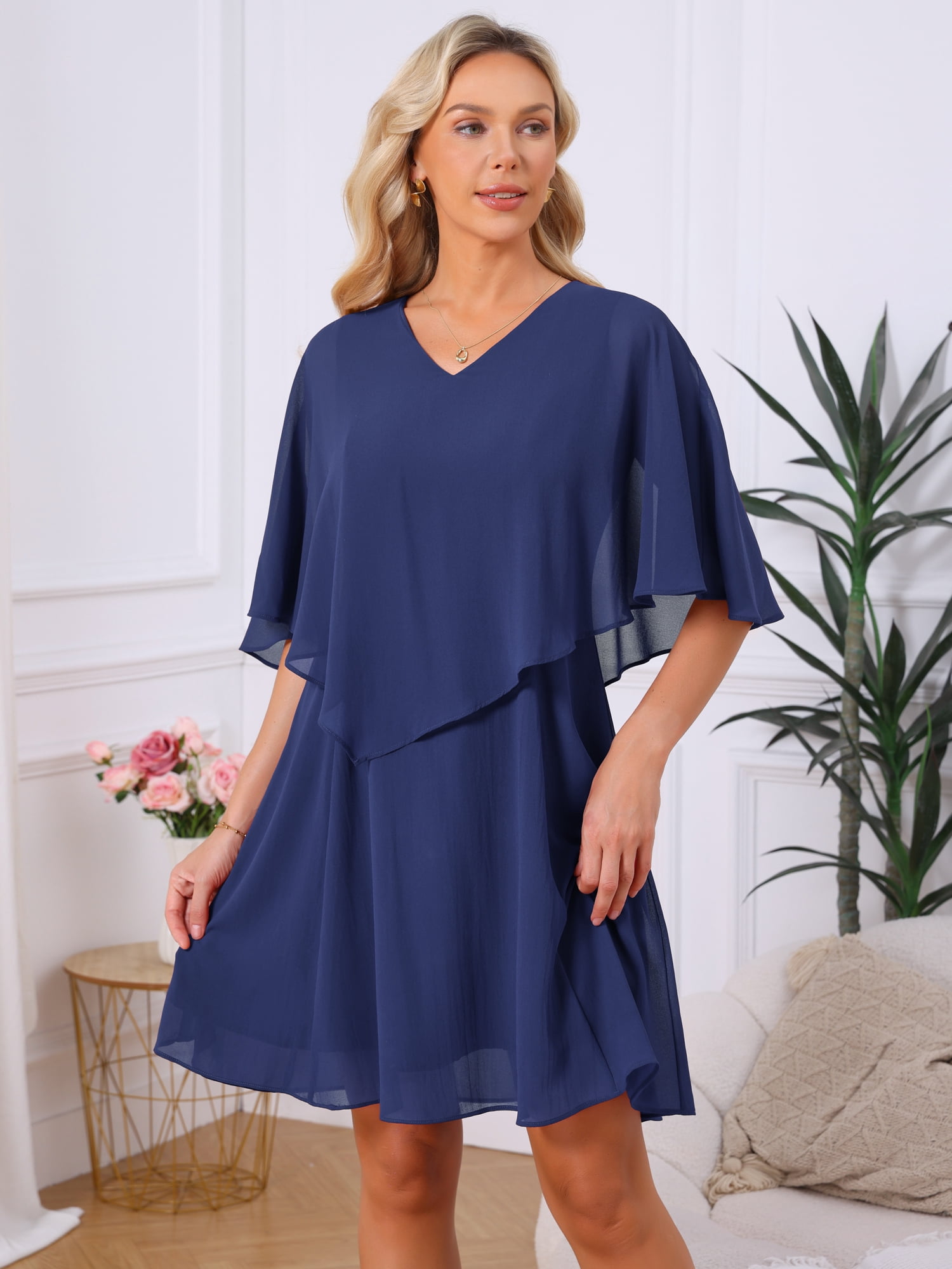DARING DIVA Women's Chiffon Half Sleeve V Neck Wedding Guest Dress S Dark Blue