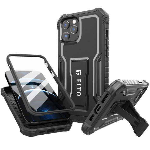 FITO For iPhone 12 Pro Max Case, Phone Case with Screen Protector and Kickstand (Black)