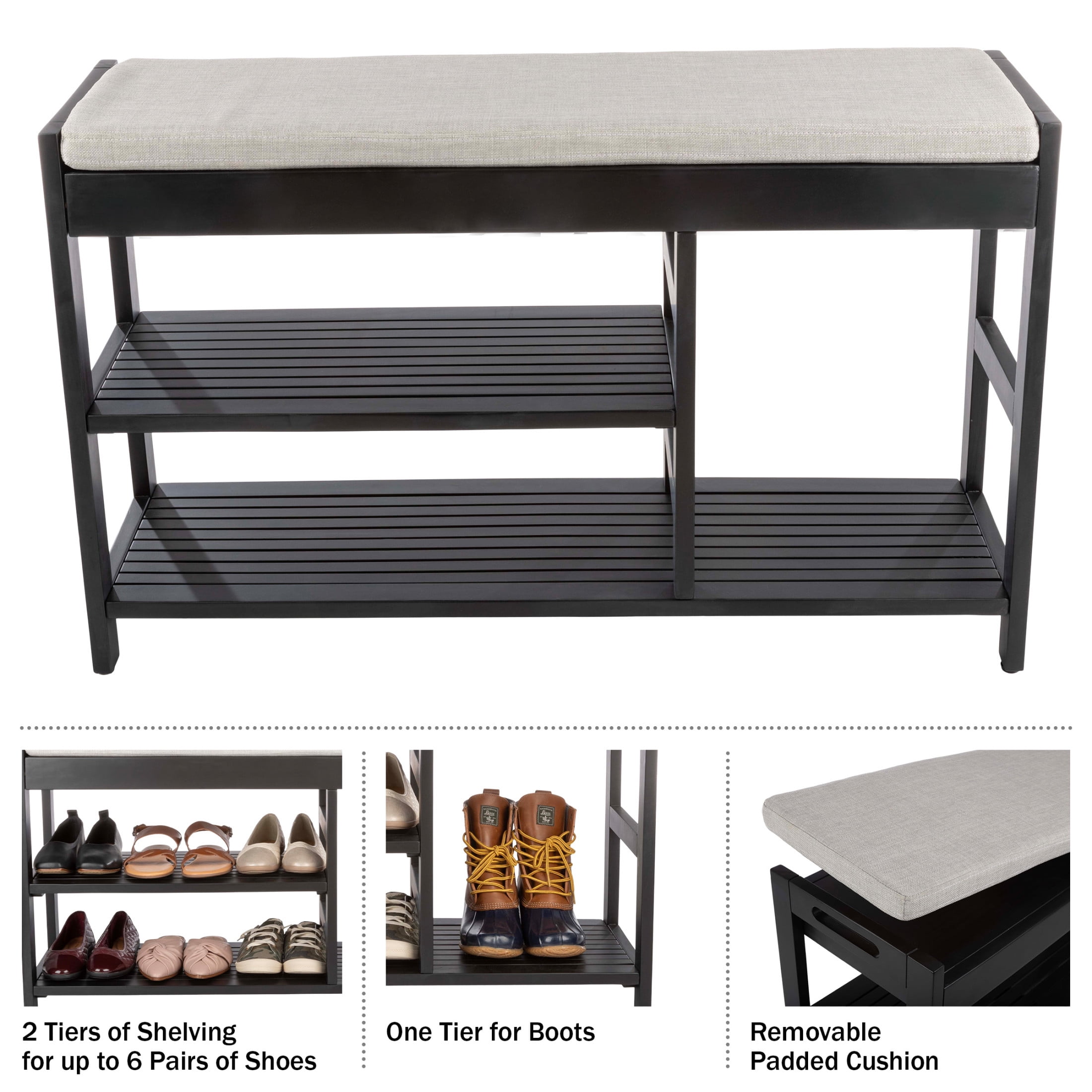 Lavish Home 3-Tier Shoe Bench with Cushioned Seat for Entryway (Black)